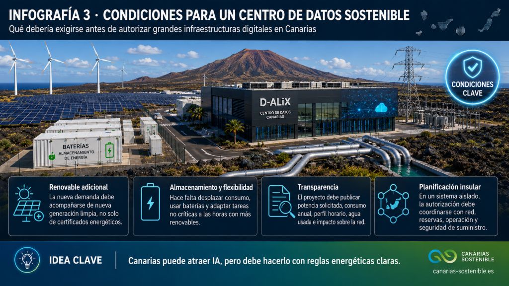 Condiciones energéticas y ambientales para autorizar centros de datos sostenibles en Canarias, con renovables, baterías, red eléctrica y uso eficiente del agua.