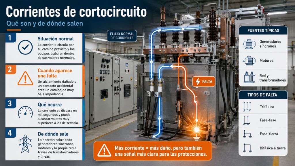 Infografía sobre corrientes de cortocircuito que explica su origen, tipos de falta y fuentes principales en una instalación eléctrica.