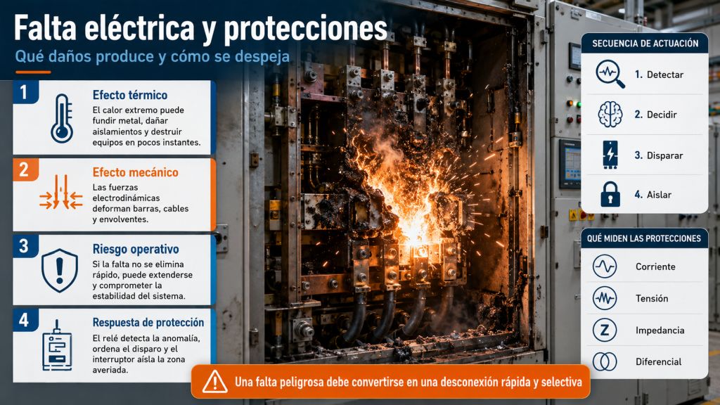 Infografía sobre una falta eléctrica con arco, daños térmicos y mecánicos, y secuencia de actuación de las protecciones.