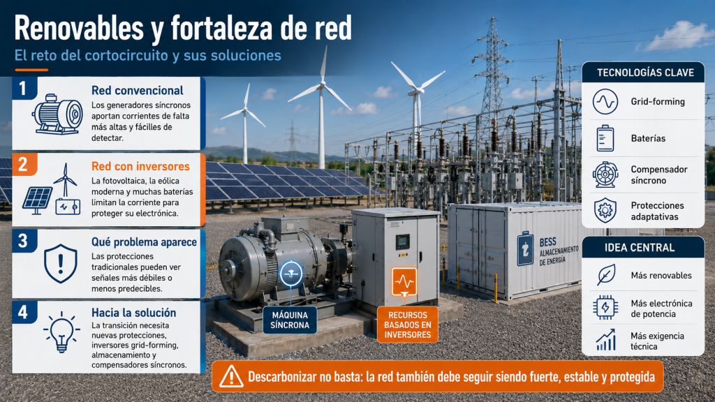 Infografía sobre renovables y fortaleza de red con baterías, inversores, compensadores síncronos y protecciones adaptativas.