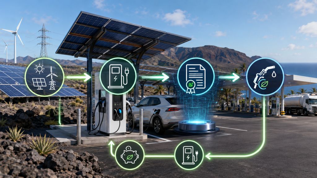 Circuito económico de los e-credits desde la generación de electricidad renovable hasta su reinversión en infraestructura de recarga eléctrica.