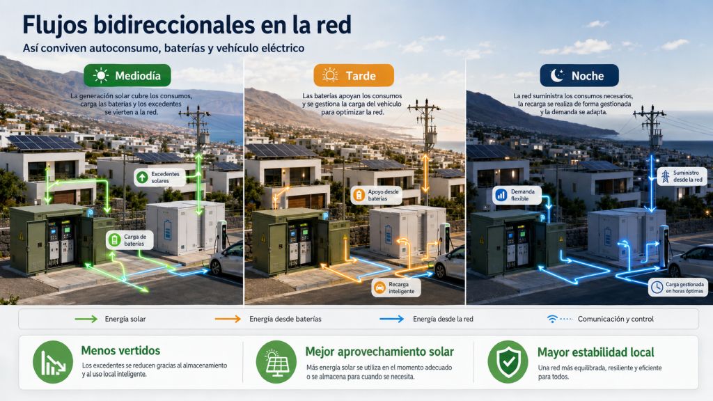 Flujos bidireccionales de electricidad entre autoconsumo solar, baterías, vehículos eléctricos y red de distribución durante el día y la noche.