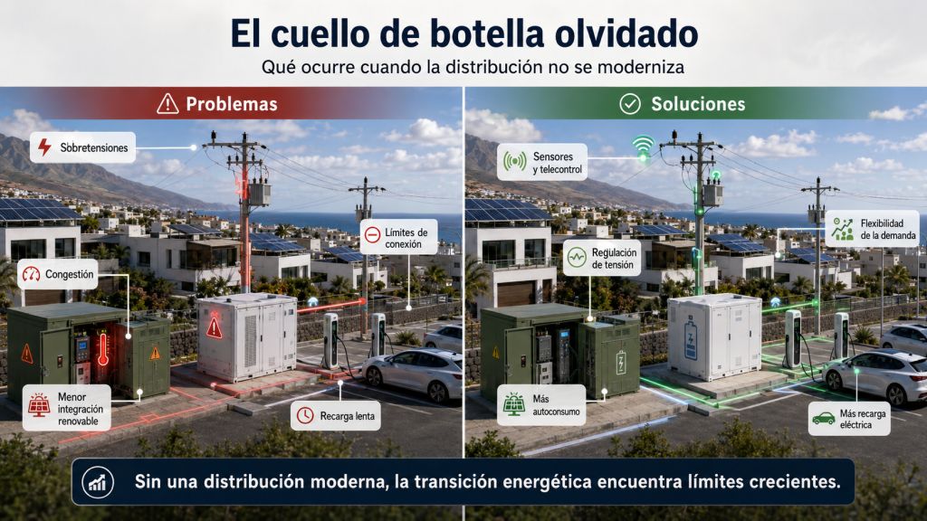 Comparación entre una red de distribución saturada y una red inteligente con sensores, regulación de tensión, flexibilidad y mayor integración renovable.