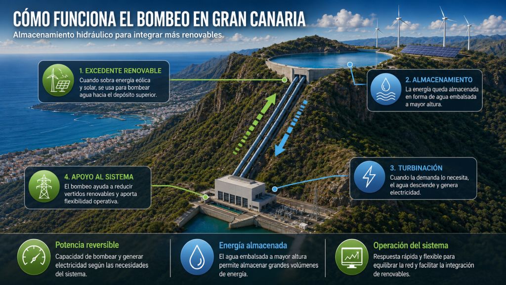 Funcionamiento del bombeo en Gran Canaria: los excedentes renovables elevan el agua y esta desciende después para generar electricidad.