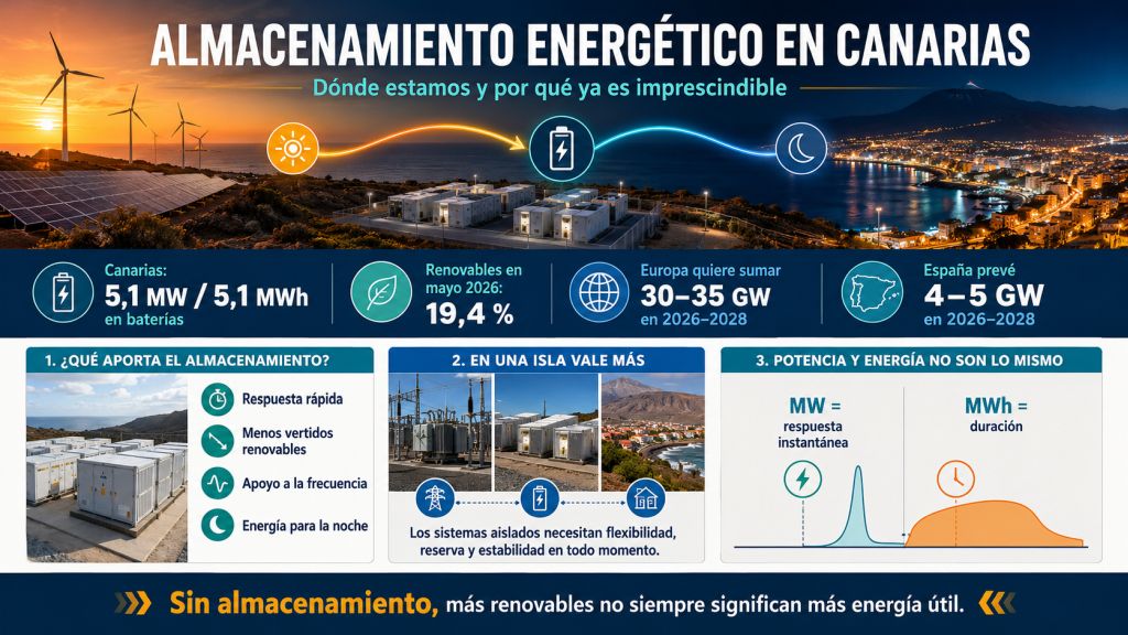 Infografía sobre la situación del almacenamiento energético en Canarias, su capacidad actual, el peso de las renovables y la diferencia entre MW y MWh.