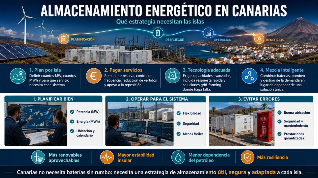 Infografía sobre la estrategia de almacenamiento que necesita Canarias, con planificación por isla, remuneración de servicios, tecnología avanzada y seguridad.