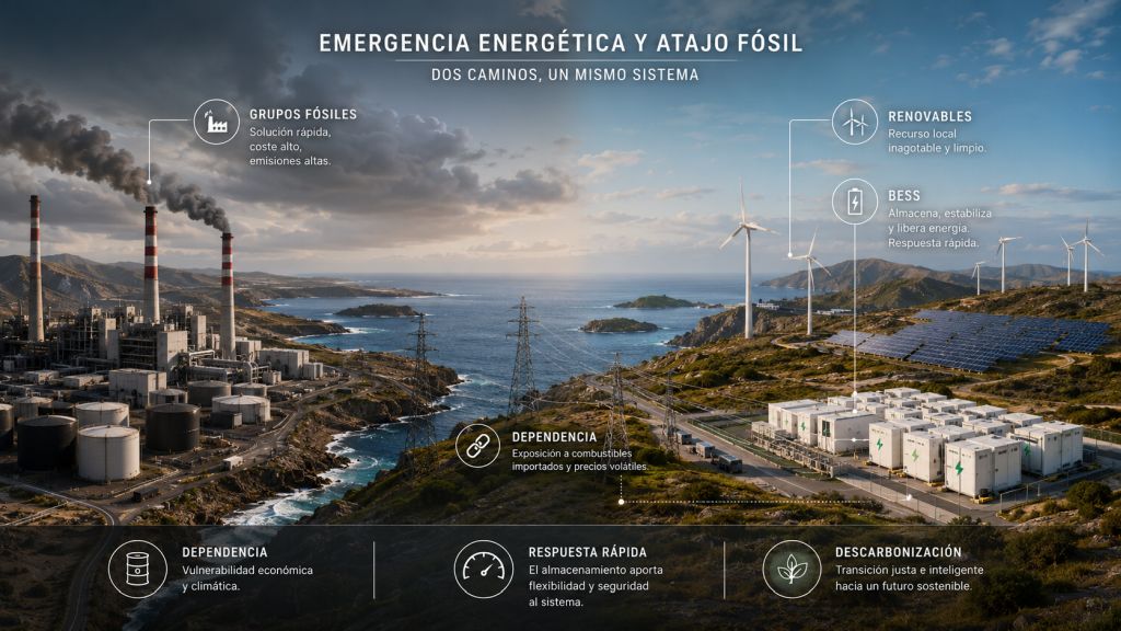 Comparación entre generación fósil y un sistema canario basado en energías renovables, almacenamiento BESS y redes eléctricas reforzadas.