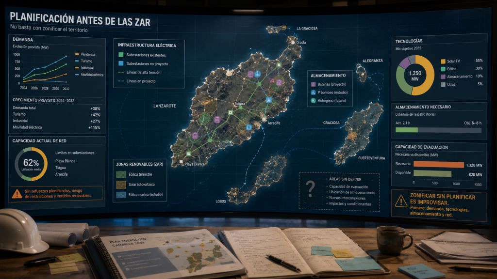 Panel de planificación energética de Lanzarote con demanda, capacidad de red, almacenamiento, tecnologías renovables y posibles zonas de aceleración.