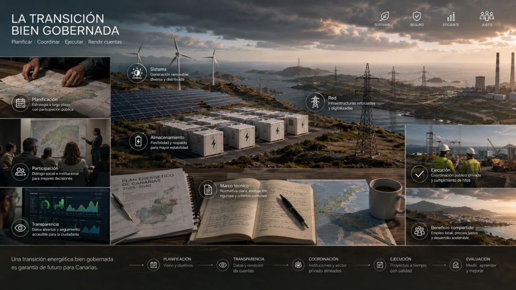 Modelo de transición energética canaria basado en planificación, participación, transparencia, almacenamiento, redes reforzadas y ejecución coordinada.