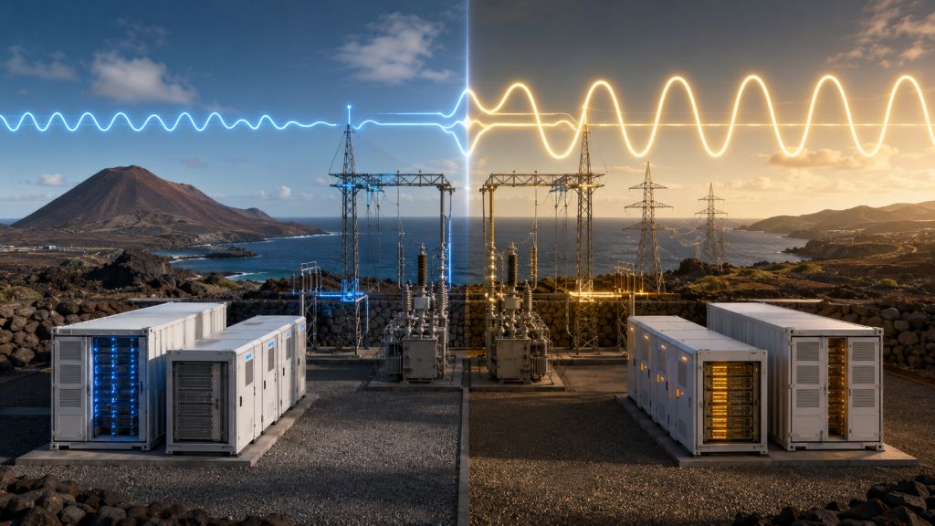 Comparación visual entre una batería grid-following que sigue la referencia eléctrica y un BESS grid-forming capaz de establecer tensión y frecuencia.
