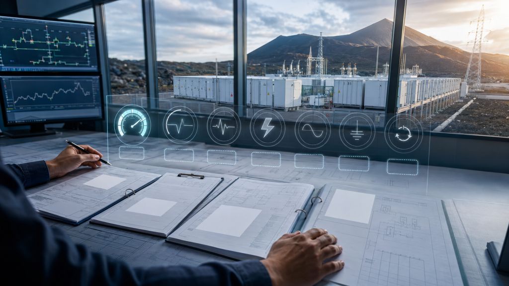 Instalación de baterías con documentación técnica incompleta que simboliza la falta de información pública sobre su modo de control y sus servicios a la red.