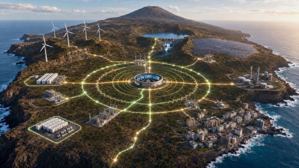 Planificación del almacenamiento energético en un sistema eléctrico insular, integrando baterías, energías renovables, subestaciones y estabilidad de la red.