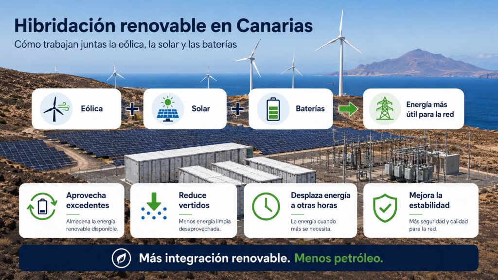 Infografía sobre hibridación renovable en Canarias que muestra cómo la energía eólica, solar y las baterías trabajan juntas para aprovechar excedentes, reducir vertidos y mejorar la estabilidad de la red.