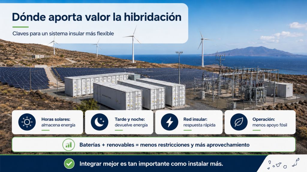Infografía sobre el valor de la hibridación renovable en sistemas insulares, con baterías que almacenan energía solar, la devuelven por la tarde y reducen el apoyo de generación fósil.