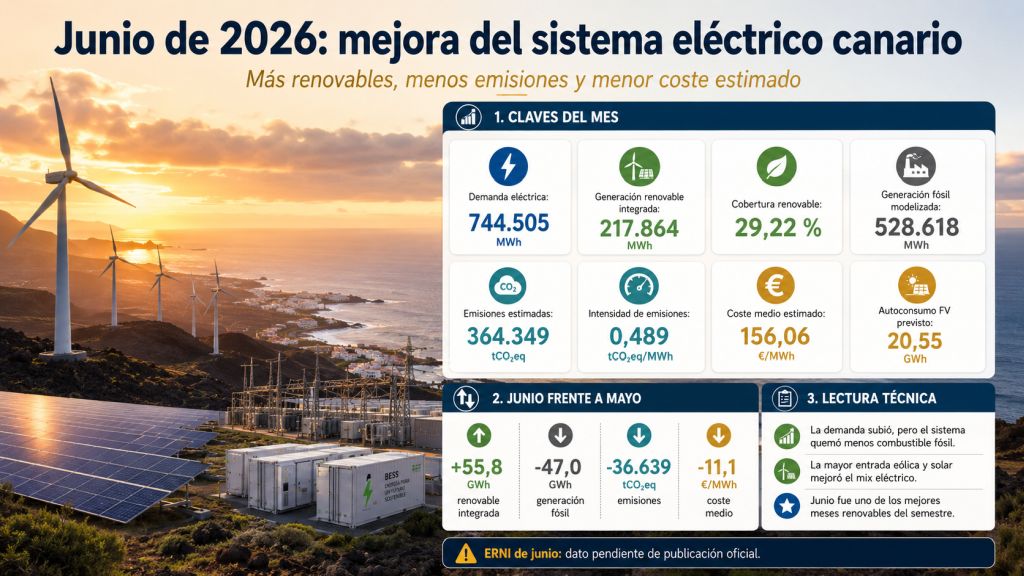Datos clave del sistema eléctrico canario en junio de 2026: demanda, generación renovable, cobertura renovable, emisiones, costes, autoconsumo y mejora respecto a mayo.