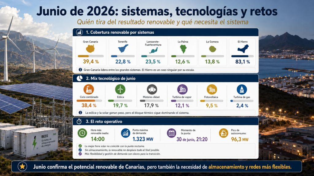Comparativa por sistemas eléctricos canarios, peso de cada tecnología de generación y retos operativos de junio de 2026 para integrar más renovables.