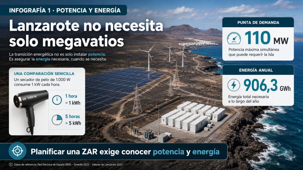 Infografía sobre la diferencia entre potencia y energía en Lanzarote, con el ejemplo de un secador, una punta de 110 MW y 906,3 GWh anuales.