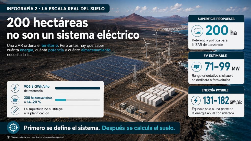 Infografía que compara las 200 hectáreas propuestas para la ZAR de Lanzarote con la potencia fotovoltaica y la energía anual que podrían aportar.