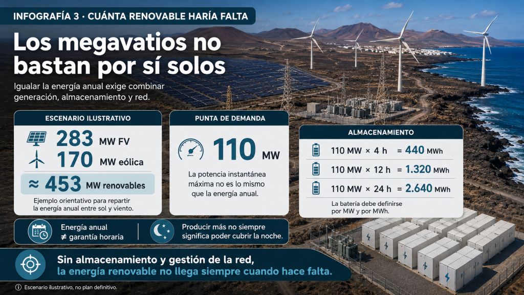 Escenario orientativo para Lanzarote con 283 MW fotovoltaicos, 170 MW eólicos y distintas capacidades de almacenamiento según su duración.