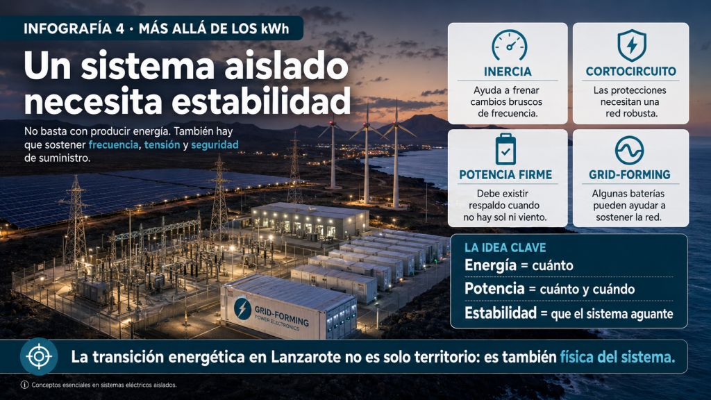 Sistema eléctrico aislado de Lanzarote con renovables, baterías y subestación, explicando inercia, potencia firme, cortocircuito y tecnología grid-forming.
