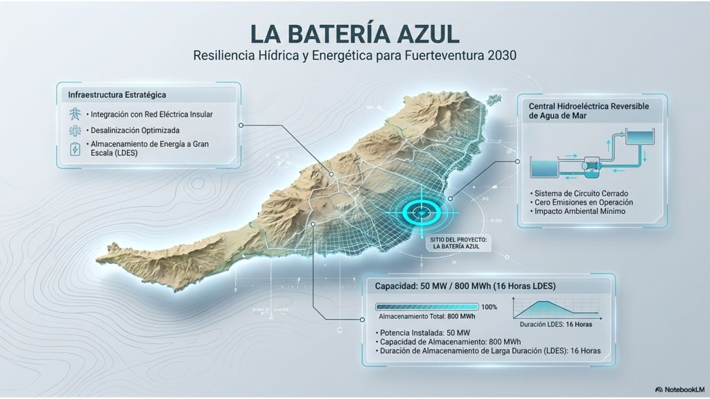 Infografía con la isla de Fuerteventura y los principales parámetros del bombeo
