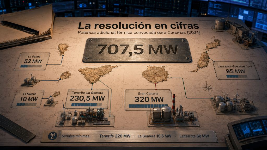 Mapa de Canarias con los 707,5 MW de potencia térmica convocada y su distribución entre los distintos sistemas eléctricos insulares.