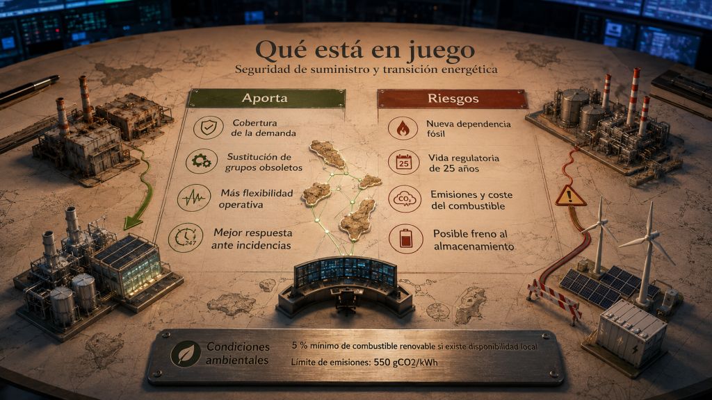 Comparación entre los beneficios para la seguridad del suministro y los riesgos fósiles de instalar nueva potencia térmica en Canarias.