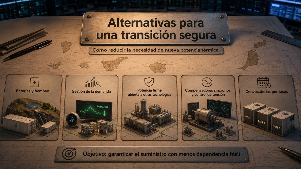 Alternativas para reducir la nueva potencia térmica mediante baterías, bombeo, gestión de demanda, potencia firme y compensadores síncronos.