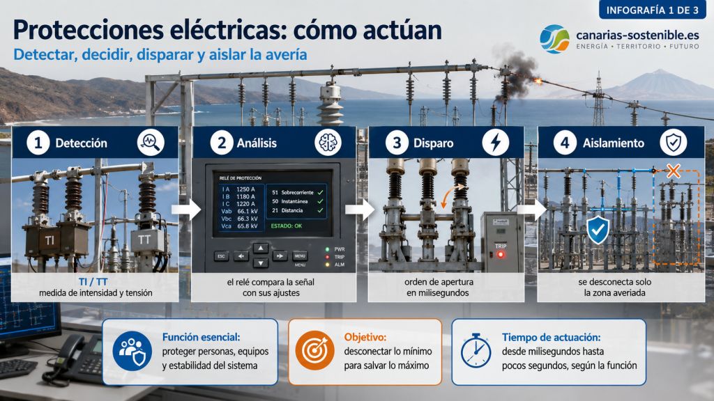 Secuencia de actuación de las protecciones eléctricas en una subestación: detección, análisis, disparo y aislamiento de una avería.