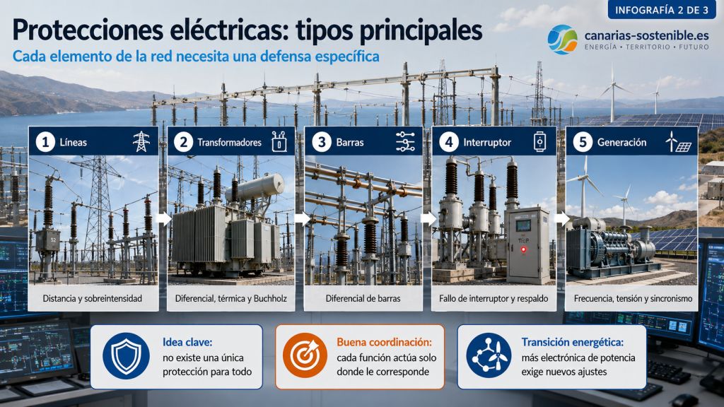 Tipos principales de protecciones eléctricas aplicadas a líneas, transformadores, barras, interruptores y generación renovable.