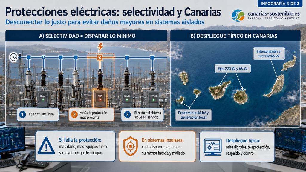 Esquema de selectividad de protecciones eléctricas y despliegue típico en los sistemas eléctricos aislados de Canarias.