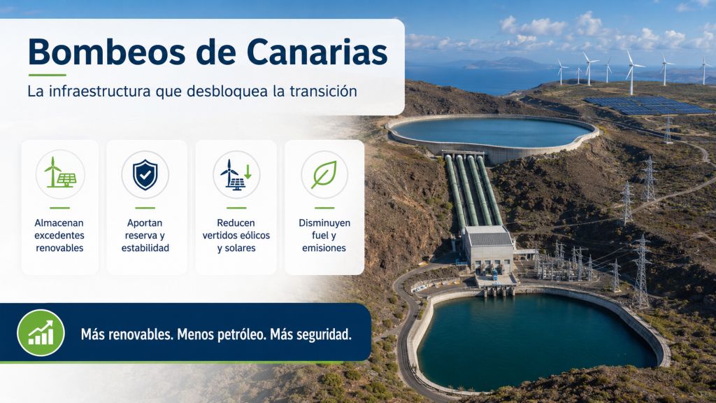 Infografía sobre los bombeos de Canarias y su papel para almacenar excedentes renovables, aportar estabilidad al sistema, reducir vertidos eólicos y solares y disminuir el uso de combustibles fósiles.