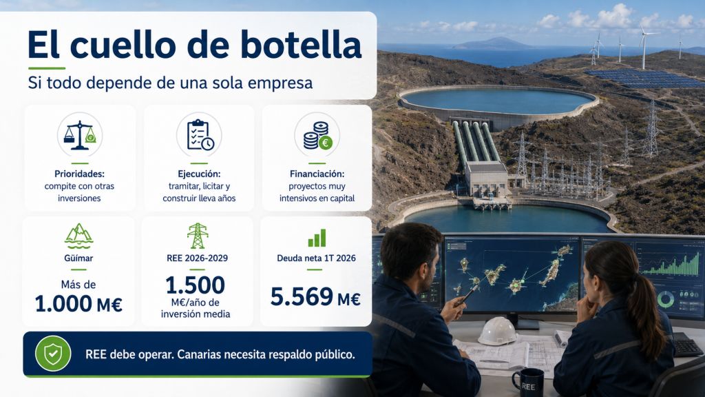 Infografía sobre el riesgo de concentrar todos los bombeos de Canarias en una sola empresa, con referencias al proyecto de Güímar, la inversión prevista de REE y su deuda financiera.