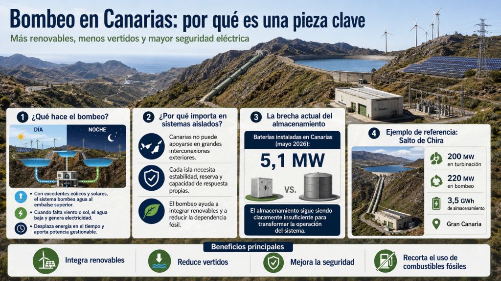 Infografía sobre el bombeo en Canarias: funcionamiento entre día y noche, importancia en sistemas aislados, escasez actual de almacenamiento y datos principales del Salto de Chira.