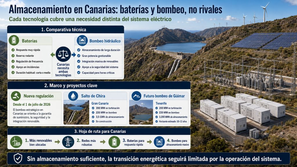 Infografía comparativa sobre baterías y bombeo hidráulico en Canarias, con sus funciones técnicas, proyectos estratégicos y hoja de ruta para integrar más energías renovables.