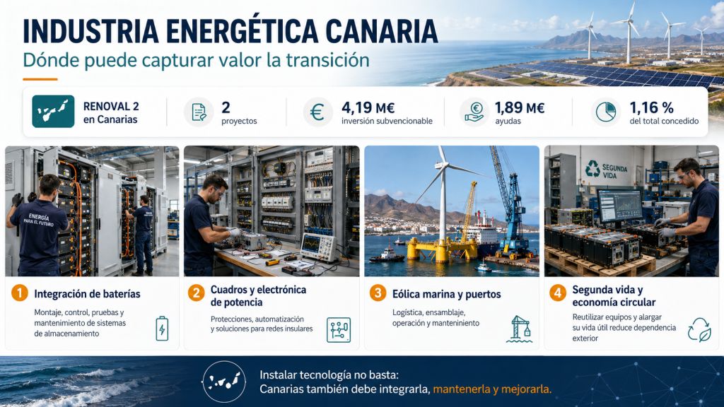 Infografía sobre las oportunidades de la industria energética canaria en baterías, electrónica de potencia, eólica marina y economía circular.