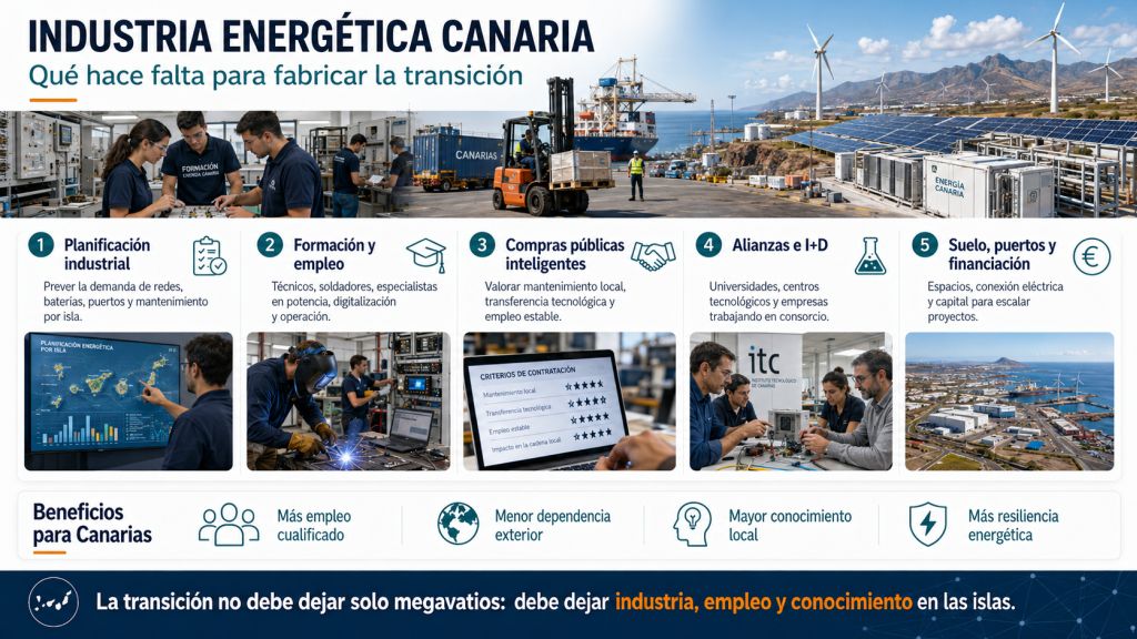 Infografía sobre las medidas necesarias para impulsar la industria energética canaria mediante planificación, formación, compras públicas, innovación y financiación.