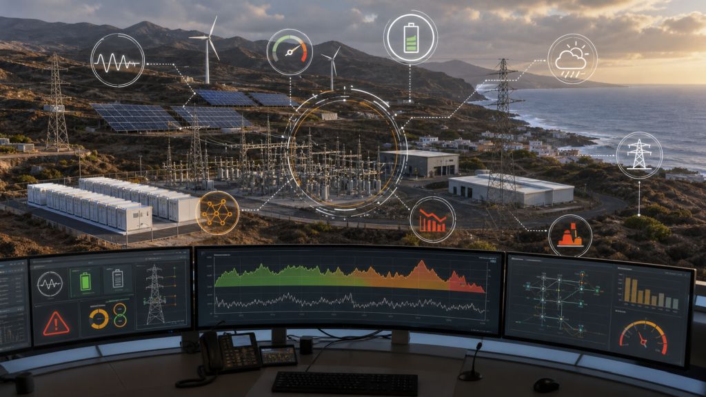 Infografía fotorrealista del simulador renovable de Canarias, con datos eléctricos, eólica, fotovoltaica, almacenamiento, subestación y balance energético.