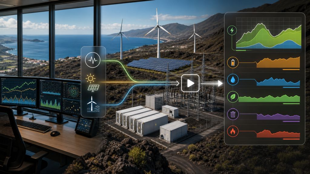 Infografía sobre la operación segura de un sistema eléctrico insular canario, con red, almacenamiento, renovables e indicadores de estabilidad y reserva.