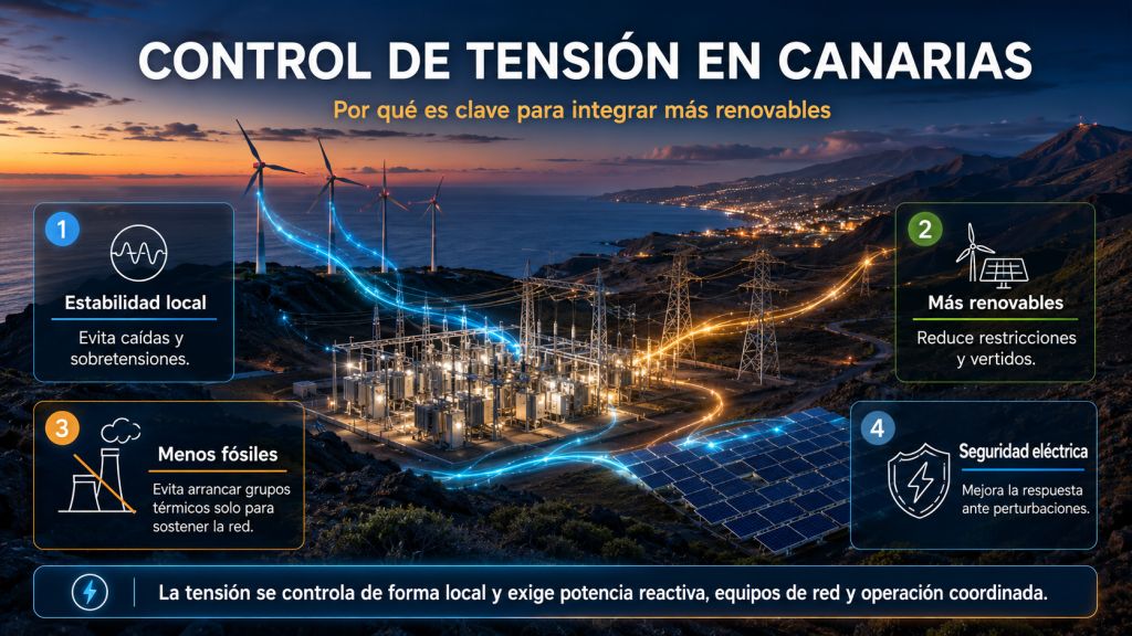 Infografía sobre la importancia del control de tensión en Canarias para mejorar la estabilidad, integrar renovables y reducir el uso de generación fósil.