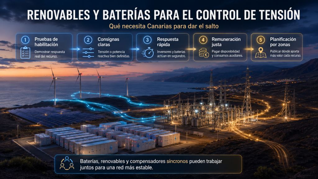 Infografía con los requisitos para que renovables y baterías participen en el control de tensión de los sistemas eléctricos canarios.