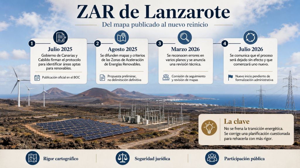 Cronología de la ZAR de Lanzarote desde el protocolo de 2025 hasta el anuncio de reiniciar el proceso en julio de 2026.
