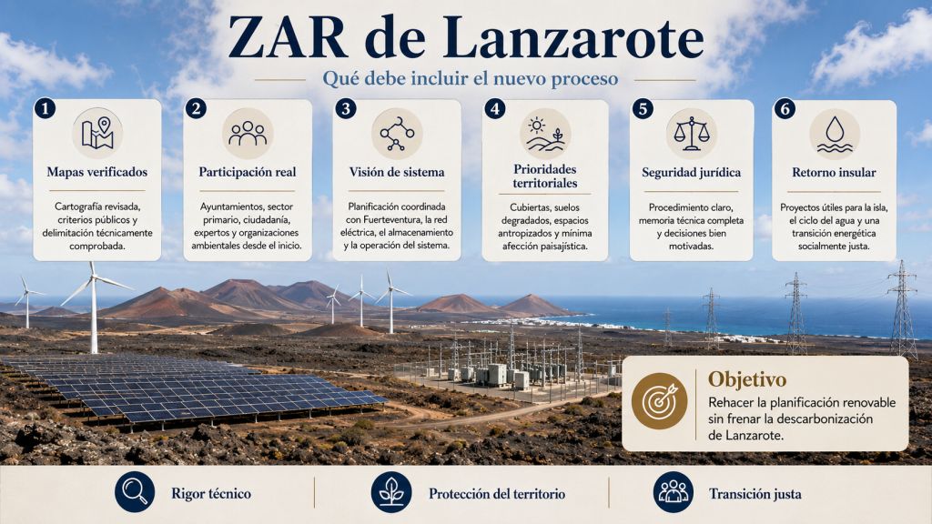 Elementos que debe incluir el nuevo proceso de la ZAR de Lanzarote: rigor técnico, participación, seguridad jurídica y protección territorial.