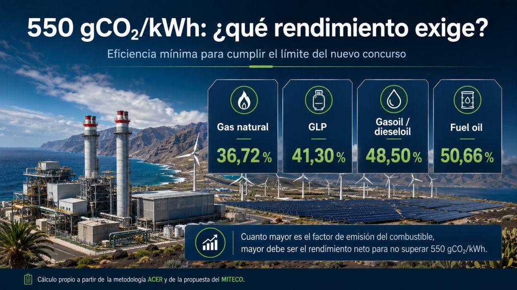 Comparativa de la eficiencia mínima exigida para cumplir 550 gCO₂/kWh con gas natural, GLP, gasoil y fuel oil.