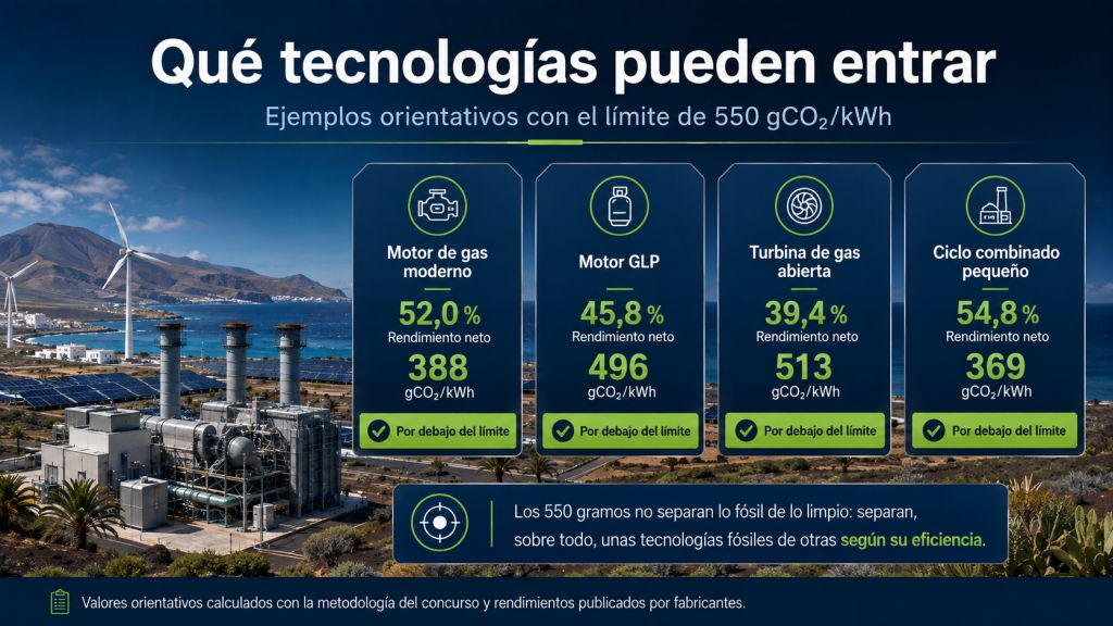 Comparación de motores de gas, motores GLP, turbinas de gas y ciclos combinados que pueden situarse por debajo de 550 gCO₂/kWh.