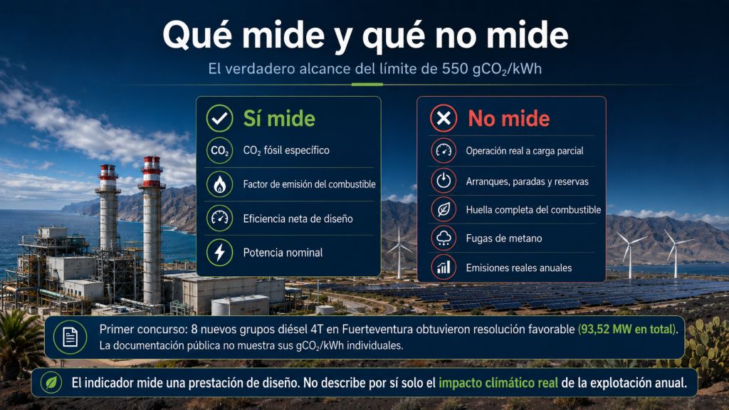 Infografía sobre lo que mide el límite de 550 gCO₂/kWh y lo que deja fuera, como operación real, arranques, fugas de metano y emisiones anuales.