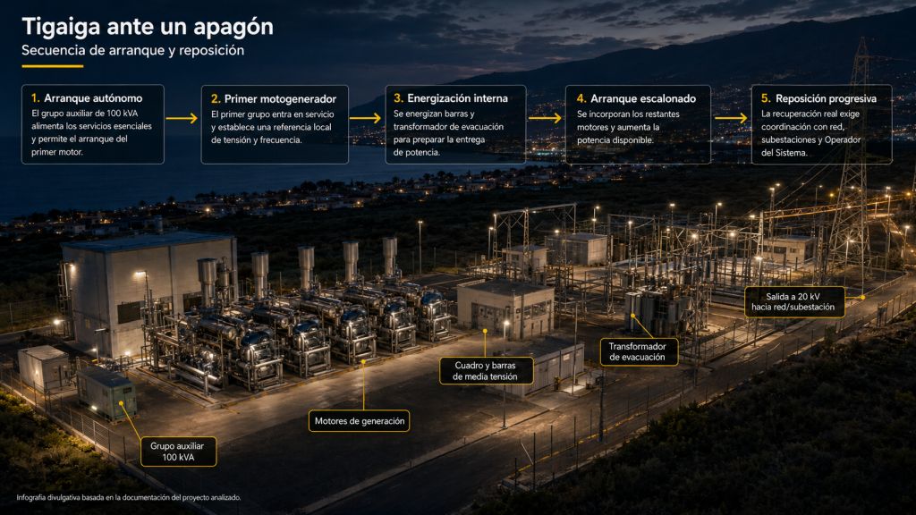 Secuencia de arranque de la planta de Tigaiga desde el grupo auxiliar de 100 kVA hasta la reposición progresiva del sistema eléctrico.