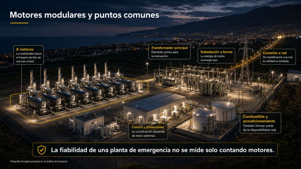 Ocho motores de Tigaiga y elementos comunes de la planta, como transformador, subestación, control, combustible y conexión a la red eléctrica.