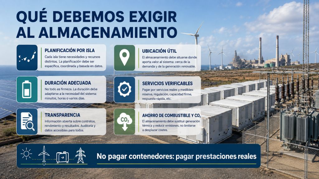 Requisitos del almacenamiento energético en Canarias: planificación insular, ubicación útil, duración adecuada, transparencia y ahorro de combustibles fósiles.