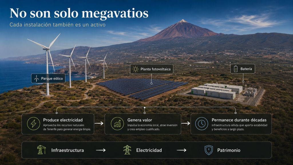 Infografía que muestra cómo un parque eólico, una planta fotovoltaica y una batería generan electricidad, valor y patrimonio durante décadas.